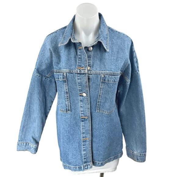 Zara Blue Long Sleeve Collar Button Pockets Denim Jean Trucker Coat Jacket XS - Picture 1 of 4